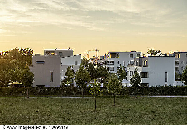 Germany  Bavaria  Augsburg  Modern suburban houses at sunset