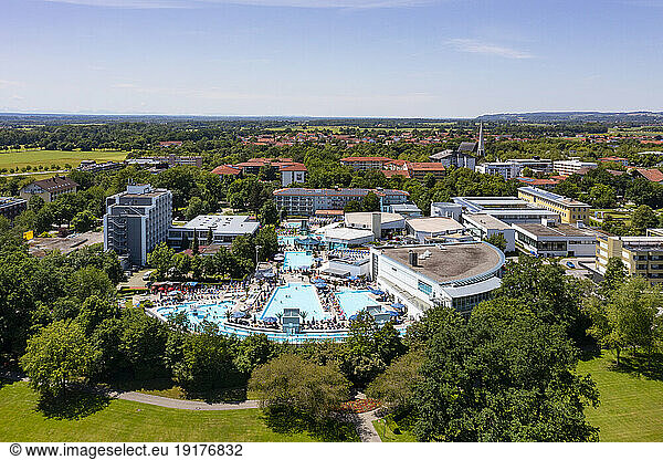 Germany  Bavaria  Bad Fussing  Drone view of Europa Therme spa