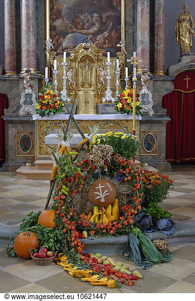 Germany  Bavaria  Bad Heilbrunn  Church St. Kilian  harvest festival altar