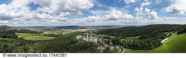 Germany  Bavaria  Bad Staffelstein  Helicopter panorama of countryside town in summer