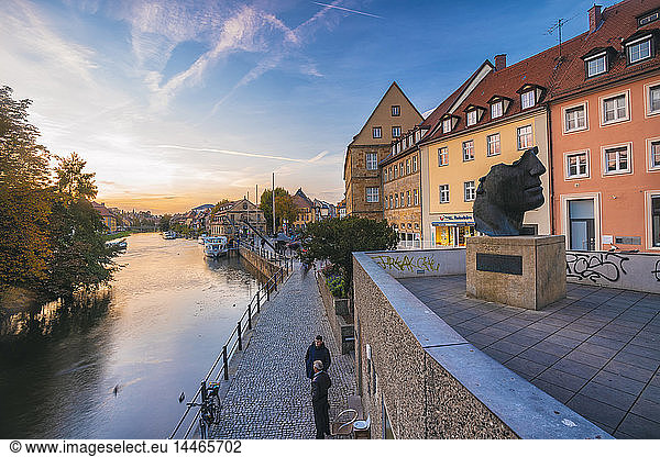 Germany  Bavaria  Bamberg  old town  Regnitz river at twilight