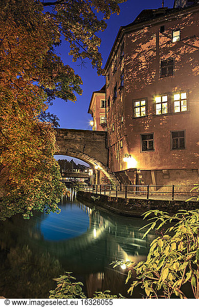 Germany  Bavaria  Bamberg  Regnitz river at night