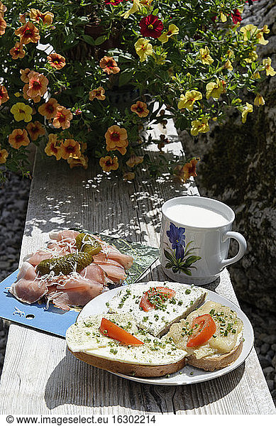 Germany  Bavaria  Bavarian cold snack at Mordaualm