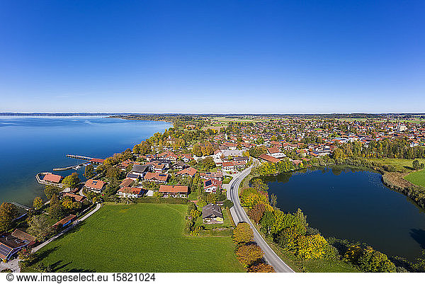 Germany  Bavaria  Chieming  Clear blue sky over town located between Chiemsee and Pfeffersee lakes