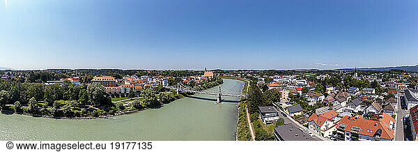 Germany  Bavaria  Drone panorama of Salzach river and Salzachbrucke connecting Laufen and Oberndorf