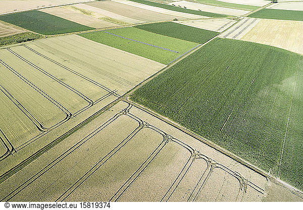Germany  Bavaria  Drone view of patchwork fields in summer