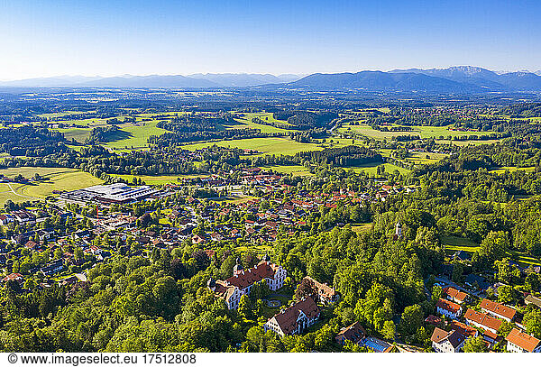 Germany  Bavaria  Eurasburg  Aerial view of Eurasburg Castle and surrounding town in summer