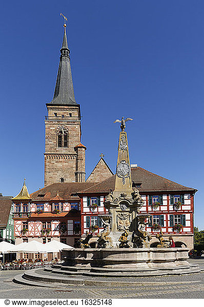 Germany  Bavaria  Franconia  Schwabach  church  town hall and fountain at Koenigsplatz