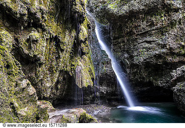 Germany  Bavaria  Long exposure of Hinanger waterfall in Allgauer Hochalpen nature reserve