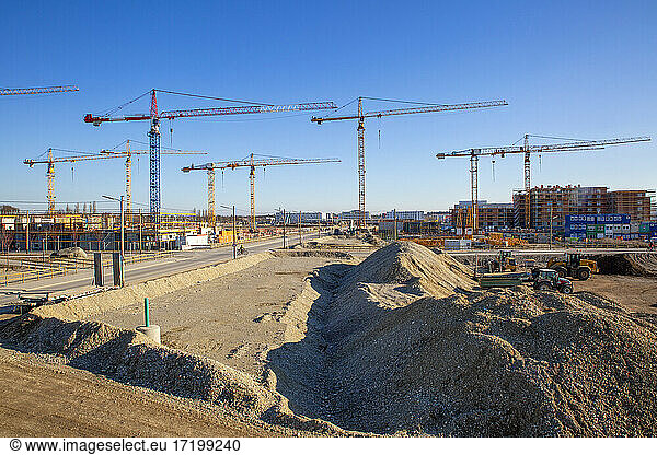 Germany  Bavaria  Munich  Large construction site with cranes