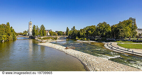 Germany  Bavaria  Munich  Panoramic view of Deutsches Museum and Isar river