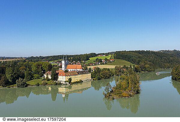Germany  Bavaria  Neuhaus am Inn  Drone view of river Inn and Vornbach Abbey in summer