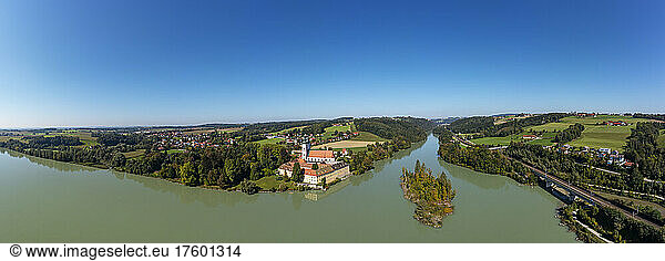 Germany  Bavaria  Neuhaus am Inn  Drone view of river Inn and Vornbach Abbey in summer