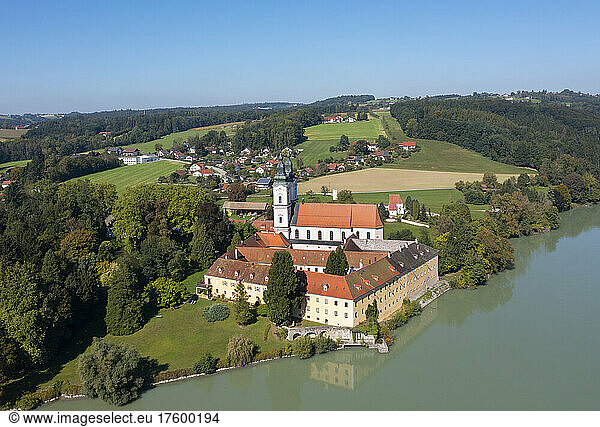 Germany  Bavaria  Neuhaus am Inn  Drone view of Vornbach Abbey in summer