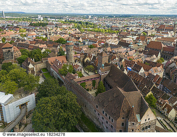 Germany  Bavaria  Nuremberg  Aerial view of Nuremberg Castle and surrounding old town