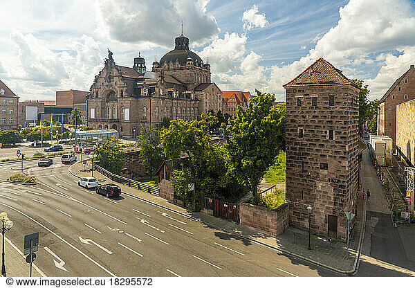 Germany  Bavaria  Nuremberg  City street with Staatstheater Nurnberg in background