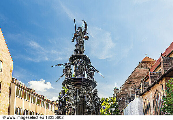 Germany  Bavaria  Nuremberg  Statues of 16th century Tugendbrunnen fountain