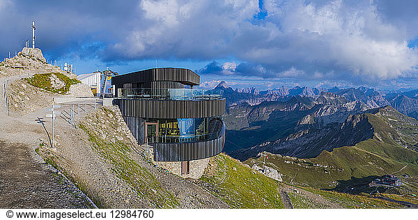 Germany  Bavaria  Oberallgaeu  Allgaeu Alps  submit cross and new restaurant  panoramic view
