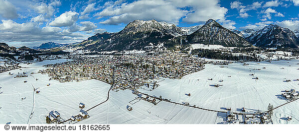 Germany  Bavaria  Oberstdorf  Aerial panorama of mountain town in winter