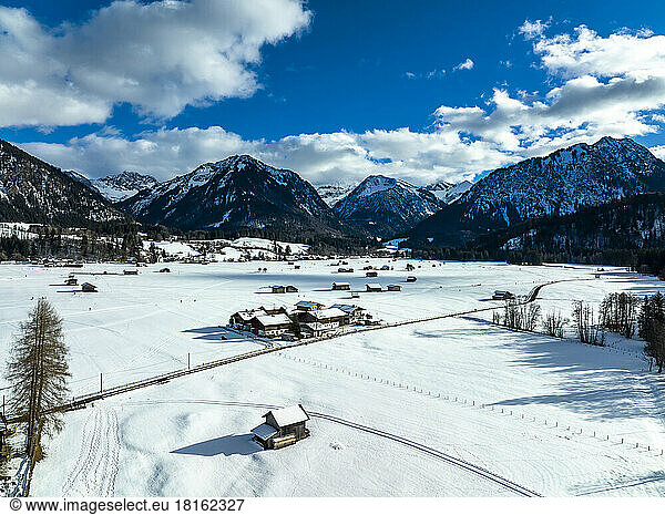 Germany  Bavaria  Oberstdorf  Aerial view of Illertal in winter