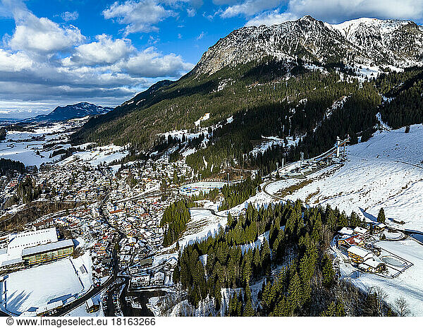Germany  Bavaria  Oberstdorf  Aerial view of mountain town in winter