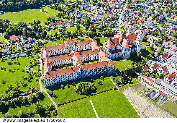 Germany  Bavaria  Ottobeuren  Helicopter view of Ottobeuren Abbey and surrounding town in summer