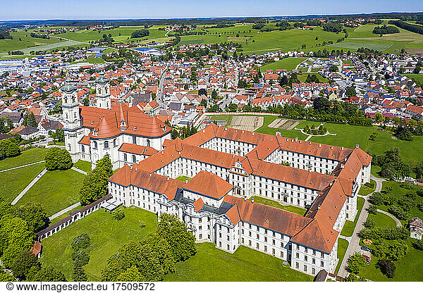 Germany  Bavaria  Ottobeuren  Helicopter view of Ottobeuren Abbey and surrounding town in summer