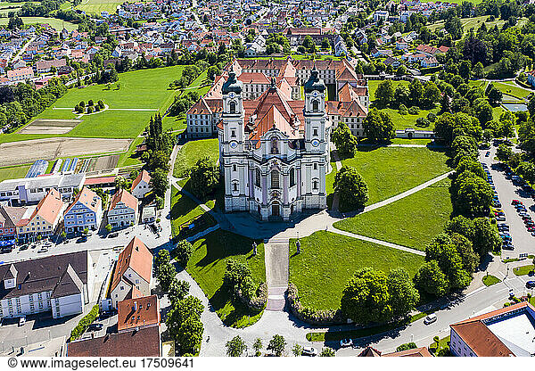 Germany  Bavaria  Ottobeuren  Helicopter view of Ottobeuren Abbey and surrounding town in summer