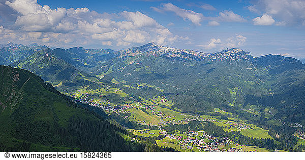Germany  Bavaria  Panoramic view from Fellhorn to Little Walser Valley  Allgaeu  Vorarlberg  Austria