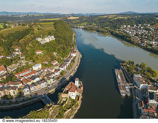 Germany  Bavaria  Passau  Aerial view of confluence of Danube and Ilz rivers