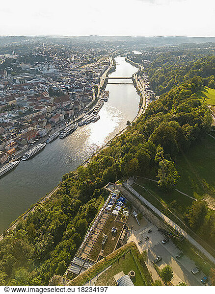 Germany  Bavaria  Passau  Aerial view of Ilzstadt and Danube river at dusk