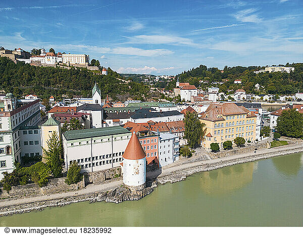Germany  Bavaria  Passau  Aerial view of Innkai promenade and Schaibling Tower with Veste Oberhaus fort in background