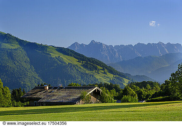 Germany  Bavaria  Reit im Winkl  Lone mountain hut in scenic Chiemgau Alps