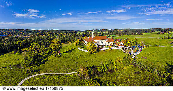 Germany  Bavaria  Sachsenkam  Aerial view of Reutberg monastery in summer rural landscape
