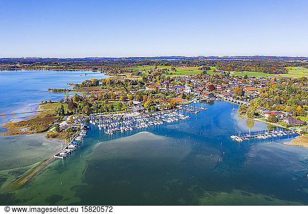 Germany  Bavaria  Seeon-Seebruck  Aerial view of boats moored in harbor of lakeshore town