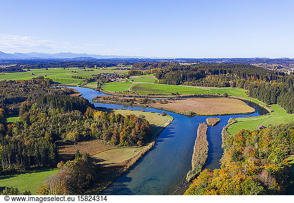 Germany Bavaria Seeon-Seebruck Aerial view of river Alz in autumn
