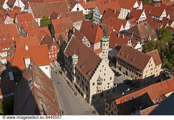 Germany  Bavaria  Swabia  Donau-Ries  Noerdlingen  view of city hall and rooftops from above