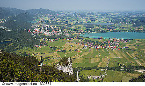 Germany  Bavaria  Swabia  East Allgaeu  Ammergau Alps  Tegelberg cable car and view to Fuessen