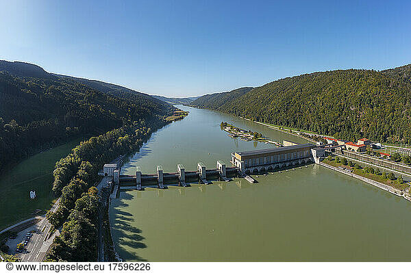 Germany  Bavaria  Untergriesbach  Drone view of Jochenstein hydroelectric power station