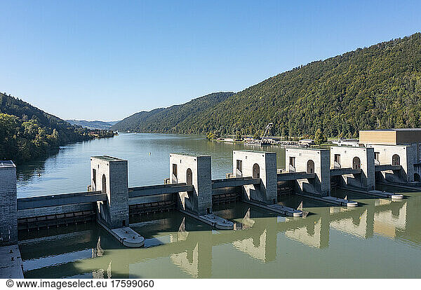 Germany  Bavaria  Untergriesbach  Drone view ofÂ JochensteinÂ hydroelectric power station