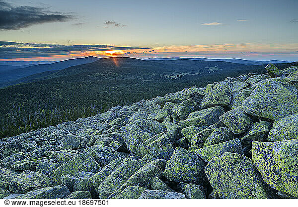 Germany  Bavaria  View from rocky summit of Lusen mountain at sunset