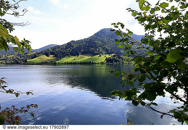 Germany  Bavaria  View of Schliersee lake with forested hill in background