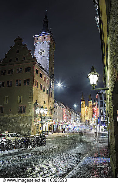 Germany  Bavaria  Wuerzburg  Domstrasse and Cathedral at night