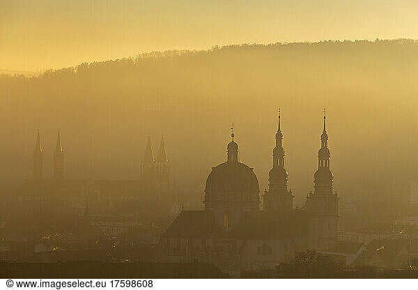 Germany  Bavaria  Wurzburg  Haug Abbey shrouded in thick morning fog