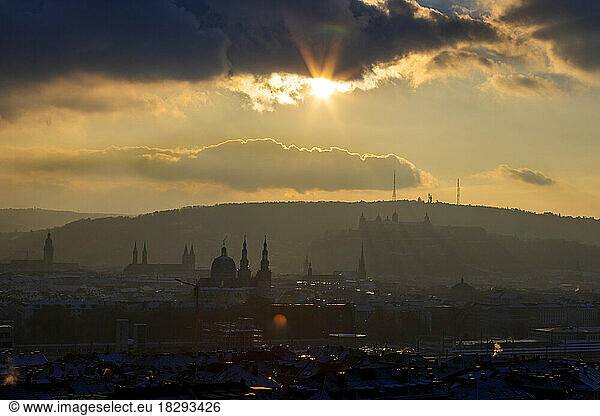 Germany  Bavaria  Wurzburg  Sun setting over Frankenwarte area