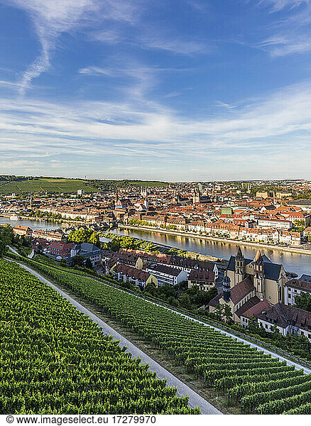 Germany  Bavaria  Wurzburg  Vineyard and houses of riverside city at dusk