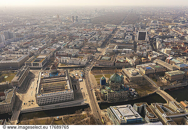 Germany  Berlin  Aerial view of Museum Island with Berlin Palace and Berlin Cathedral