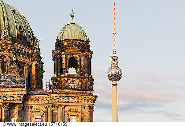 Germany  Berlin  Bell tower of Berlin Cathedral with Berlin TV Tower in background
