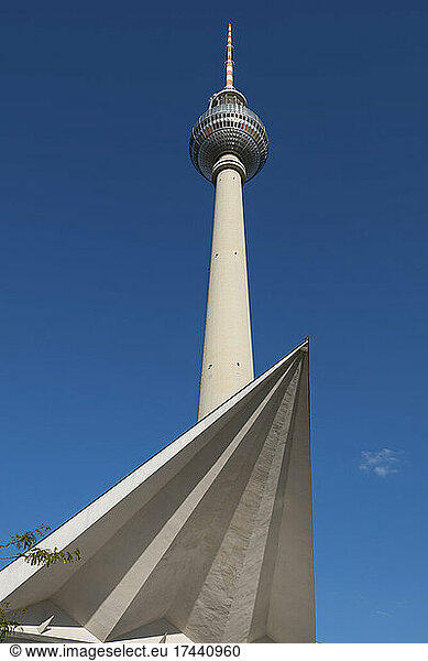Germany  Berlin  Berlin Television Tower standing against clear blue sky