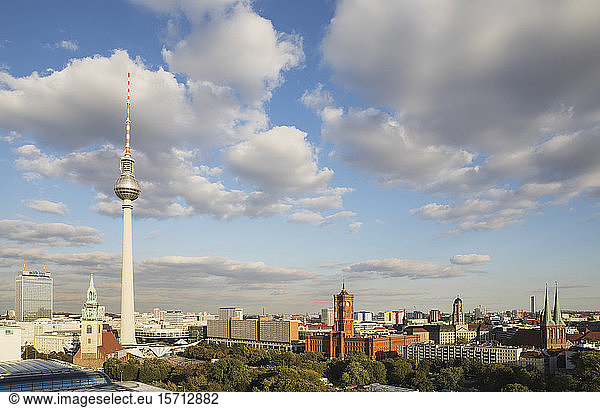 Germany  Berlin  Clouds over Berlin TV Tower and surrounding city buildings